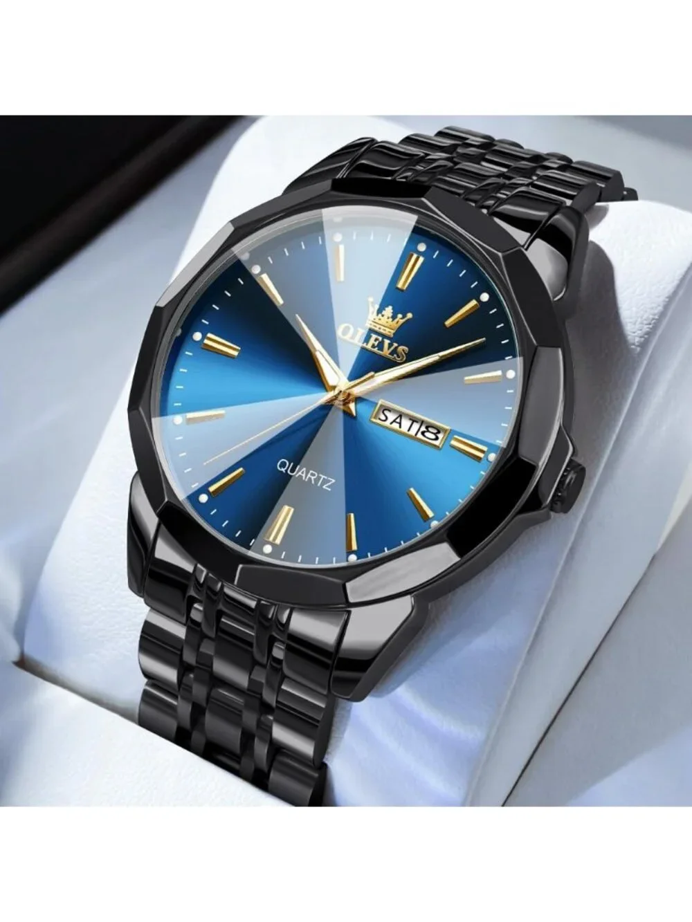 Men Blue Black Diamond Analog Quartz Stainless Waterproof Luminous Classic Watch